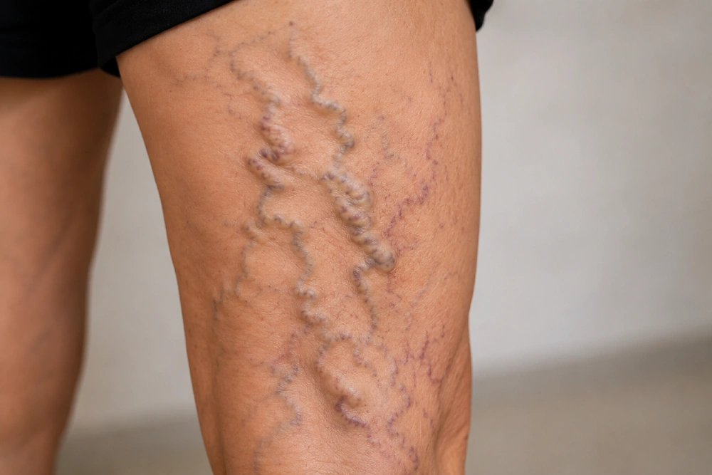 Varicose veins symptoms, swollen leg veins, diagnosis, treatment, and vein health illustration