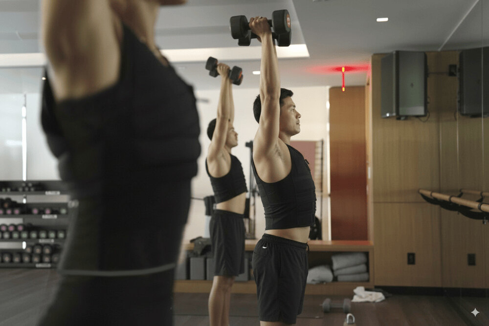 People exercising in gym wearing weighted jackets to improve strength, endurance, and overall fitness.
