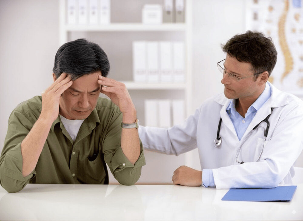 A doctor counseling a patient with mental illness in a clinical setting, showing support and care.