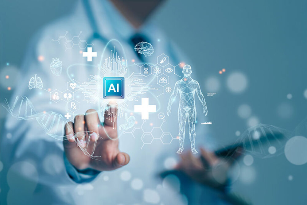 Illustration of a doctor interacting with AI, representing digital health innovation for medical research and patient care
