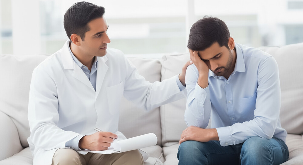 A psychiatrist consoling a patient during therapy