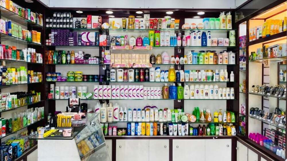 A medical store in Pakistan displaying various skincare and cosmetic products on shelves