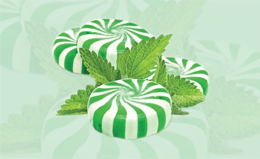 A peppermint candy shown with mint leaves