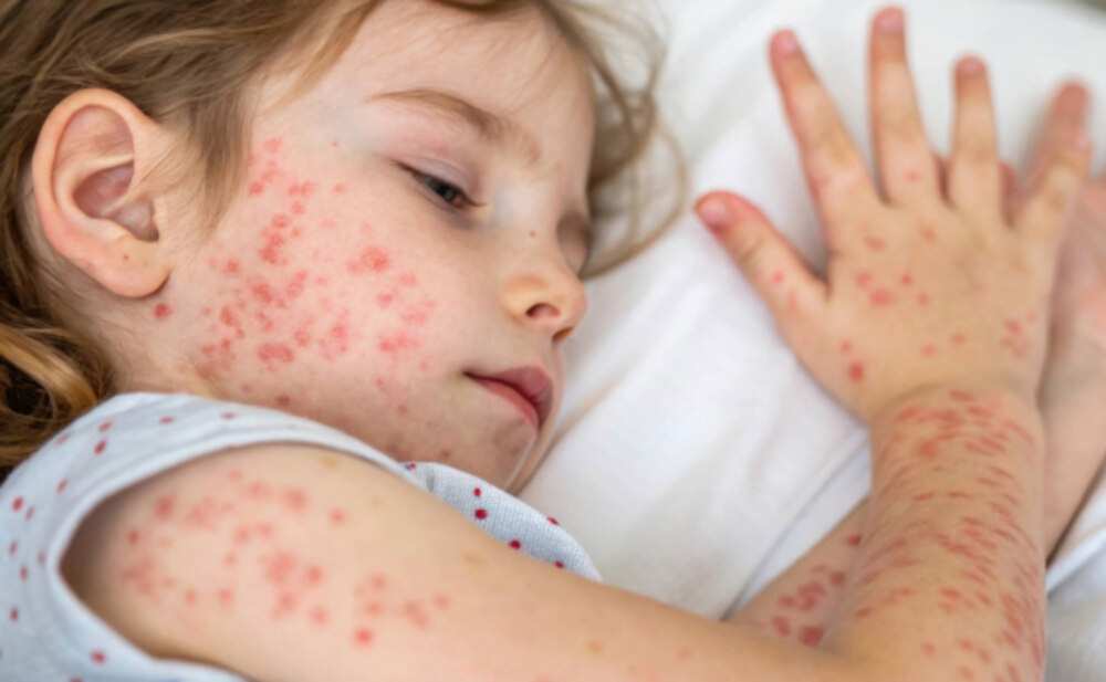 A child showing symptoms of measles, including rash and fever