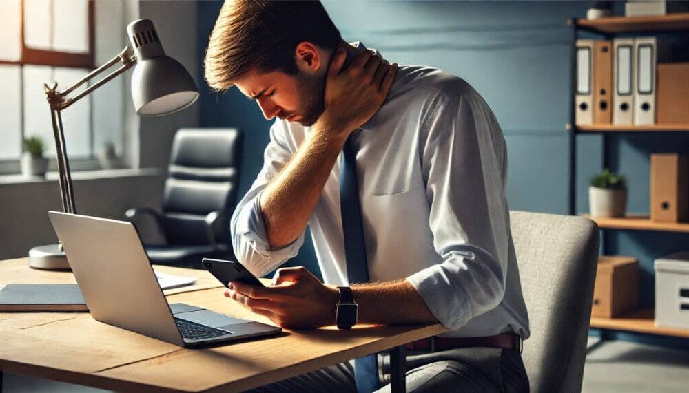 A man using a laptop with poor posture, showing signs of tech neck