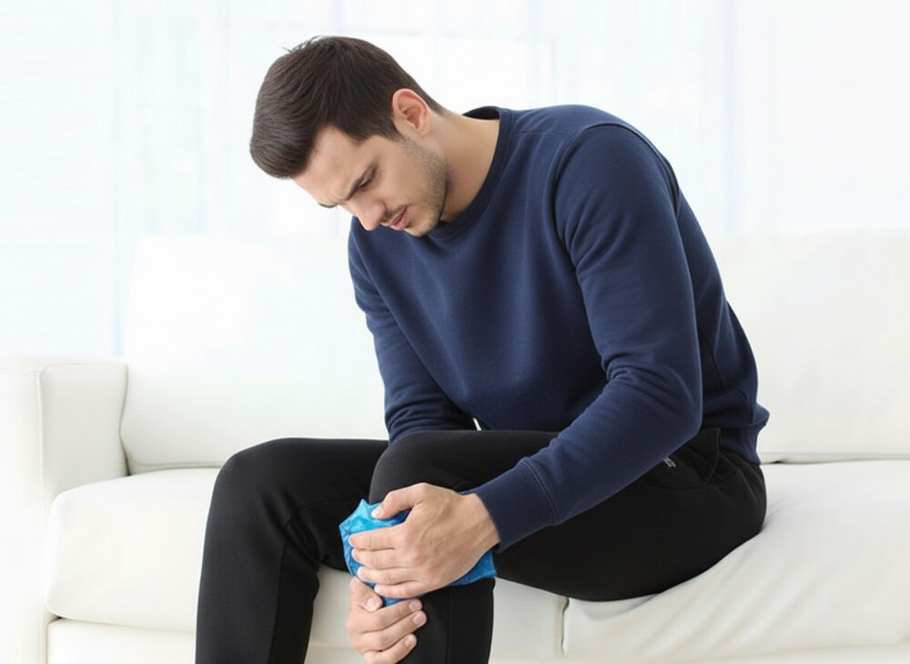A man applying a hot pack to his knee for pain relief and muscle soreness.