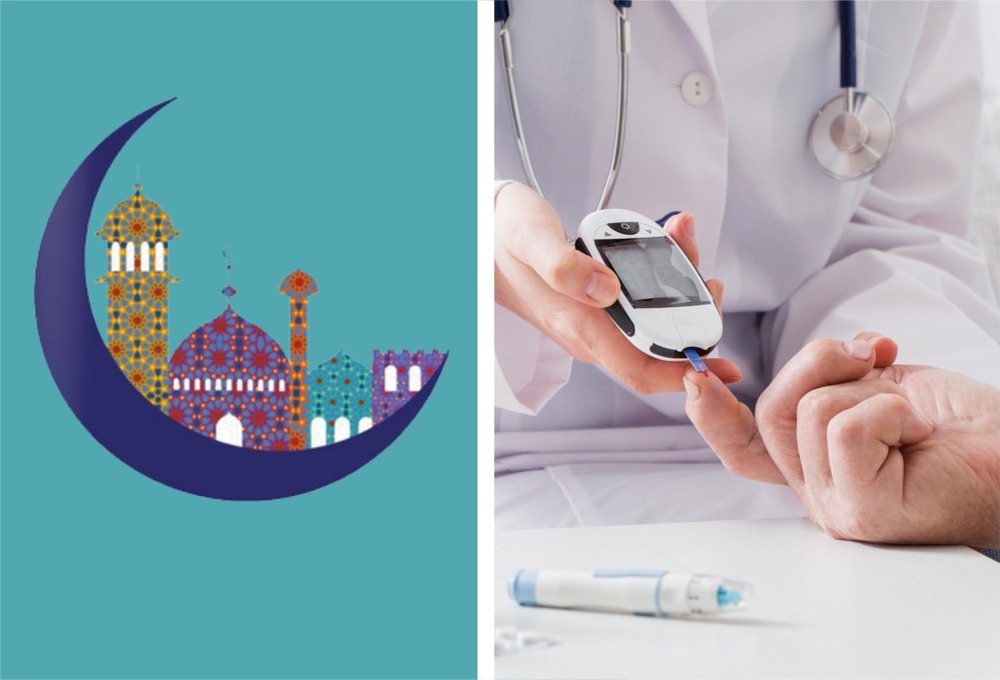 A healthcare professional checking blood sugar during Ramadan fasting with first moon is also visible