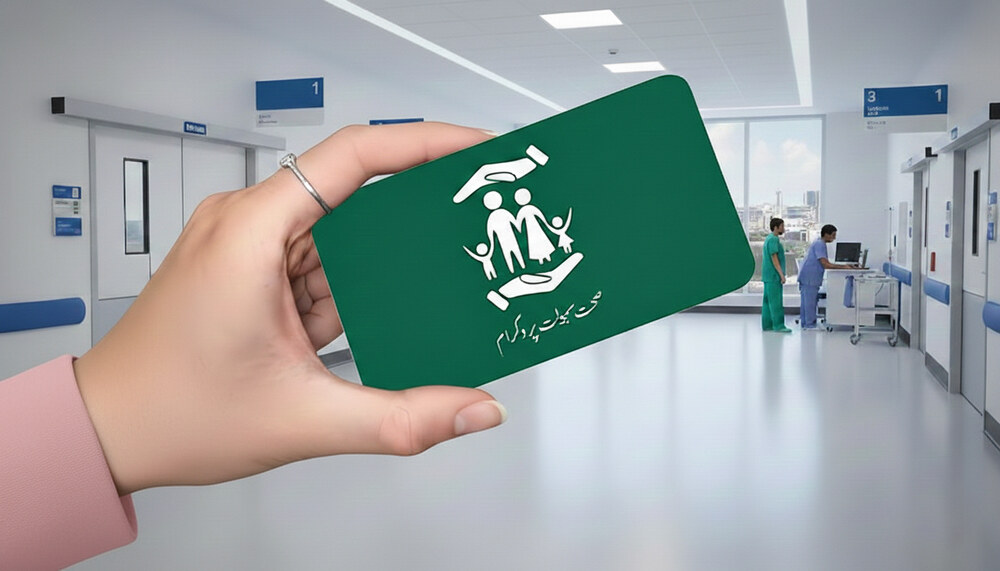 erson holding a Health Card with hospital building in the background