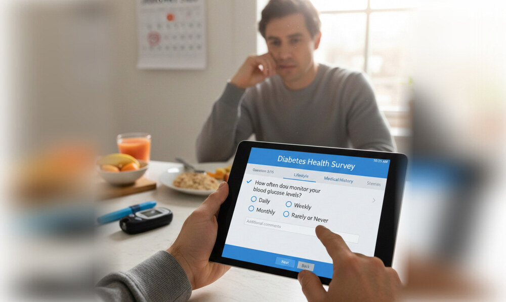 Illustration of a man holding a laptop showing a diabetes survey