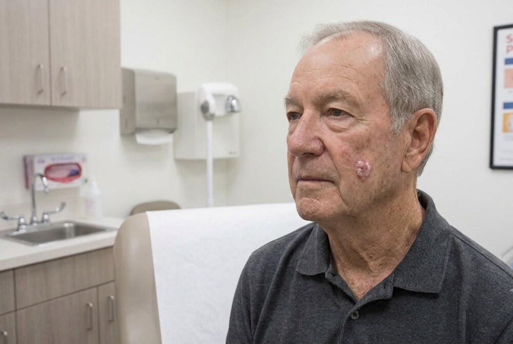 An elderly man sitting in a clinic room with a visible basal cell carcinoma skin lesion on his left cheek.