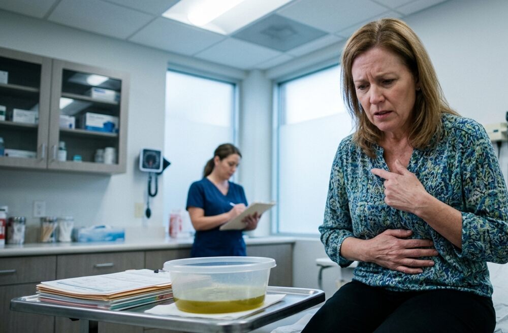 atient experiencing bile reflux symptoms, including upper abdominal pain and heartburn,