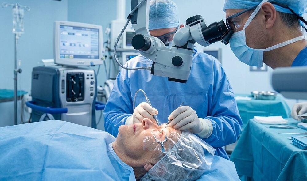 A patient undergoing cataract surgery in an operating room