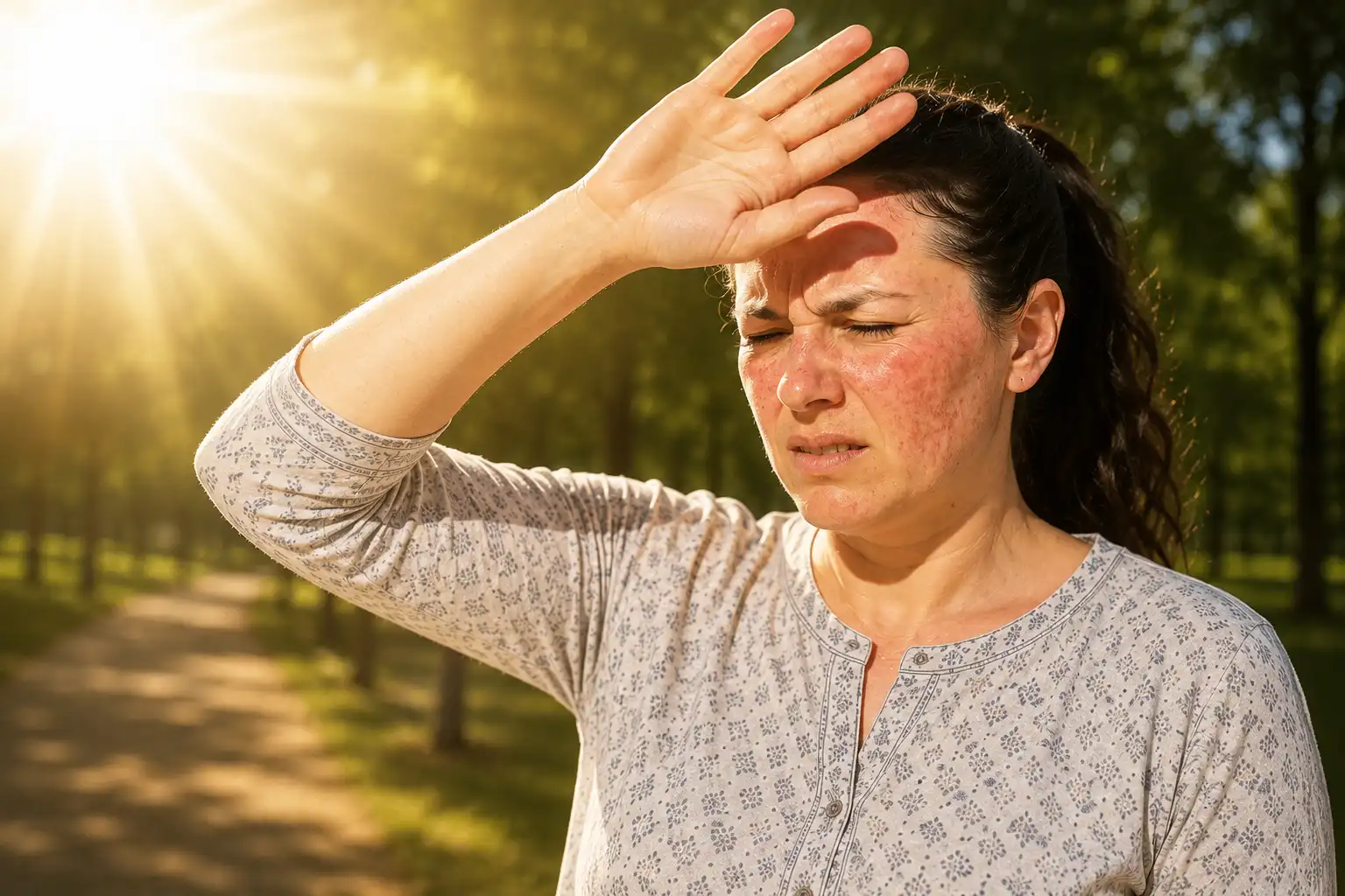 Sun allergy symptoms, skin rash, photosensitivity, diagnosis, treatment, and prevention illustration