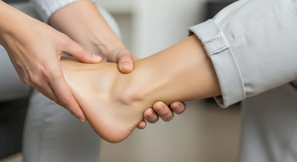 Health professional examining a patient's swollen foot and ankle to assess edema