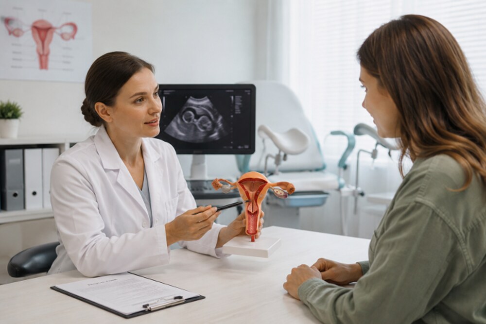Doctor explaining ovarian cancer using a medical model for patient awareness and education on diagnosis and treatment options.