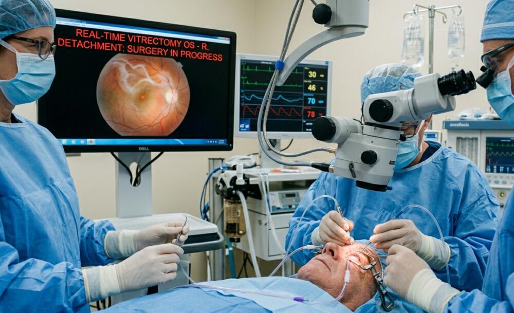 Patient undergoing retinal detachment surgery as an ophthalmologist performs a delicate retinal repair procedure to restore vision