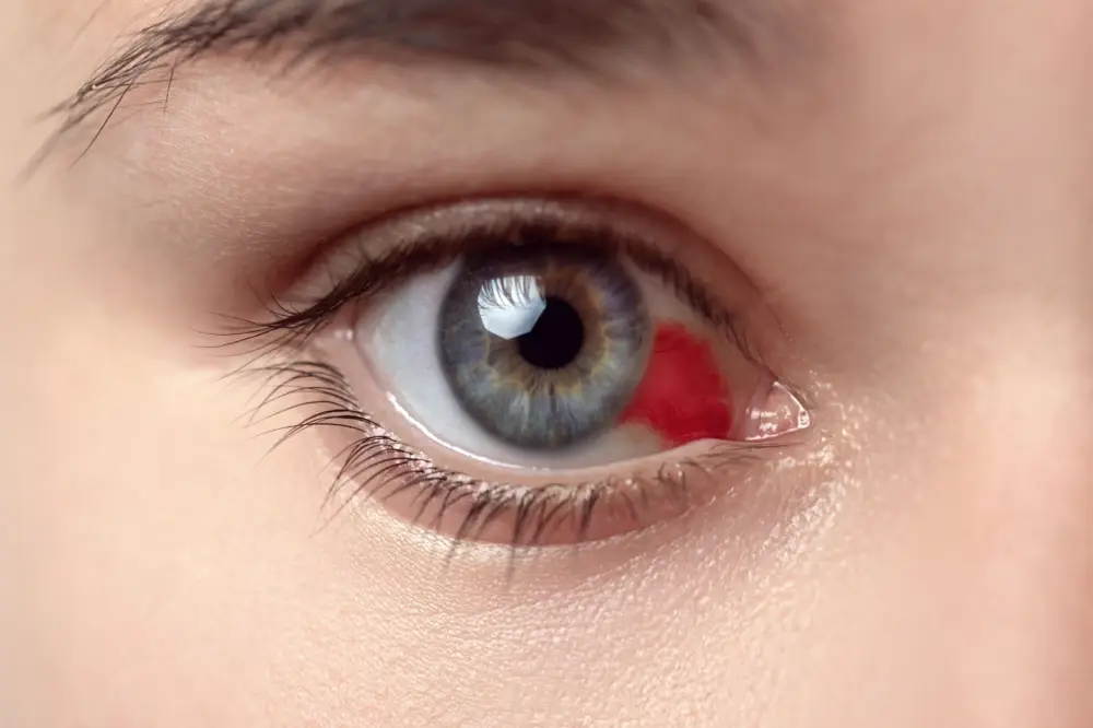 Subconjunctival hemorrhage showing a red patch on the white of the eye caused by a broken blood vessel, symptoms, causes, diagnosis, and treatment