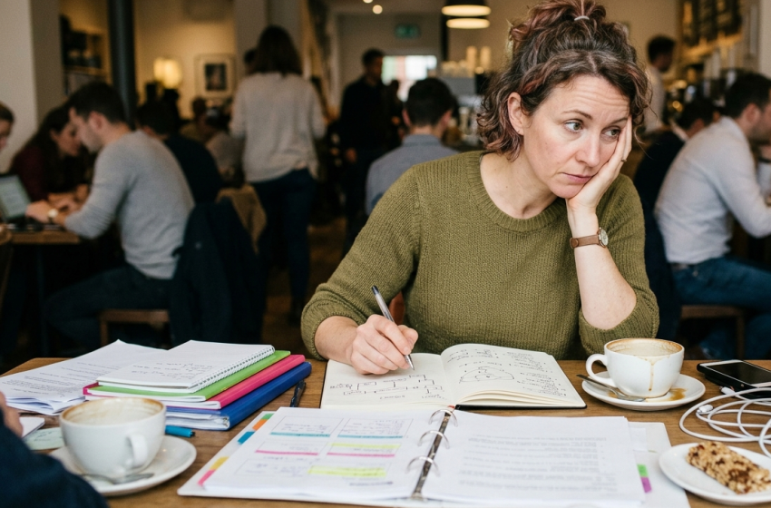 Overwhelmed woman sitting in a busy café, illustrating common adult ADHD symptoms such as poor concentration, distractibility, restlessness, and disorganization.