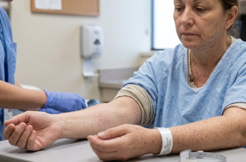A woman with petechiae showing small red, purple, and brown skin spots on her arm.