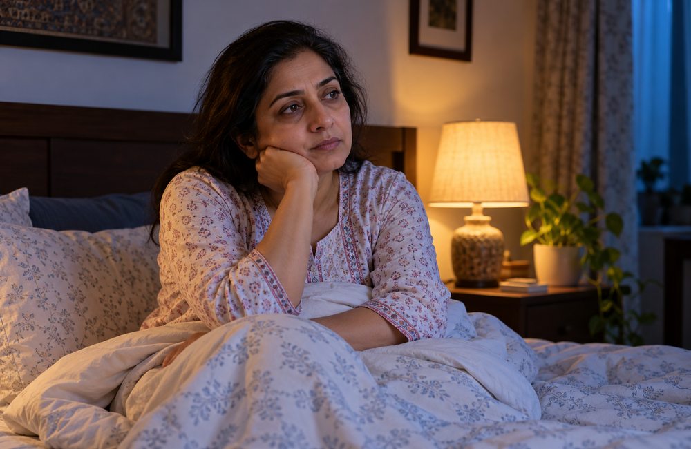 Woman over 40 sitting awake in bed at night, illustrating sleep problems and difficulty returning to sleep.