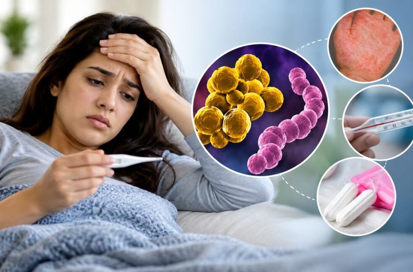 Image of a woman with fever, rash and bacteria, representing toxic shock syndrome, a rare bacterial infection that can cause dangerously low blood pressure