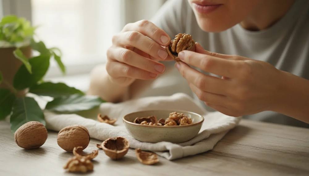 A man holding a walnut in his hand and bringing it toward his mouth, about to eat it, with a few walnuts in a bowl nearby, symbolizing daily walnut consumption and healthy nutrition.